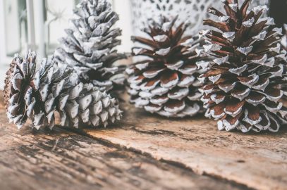 Close-up of painted pine cones on a rustic wooden table, perfect for Christmas decoration ideas.